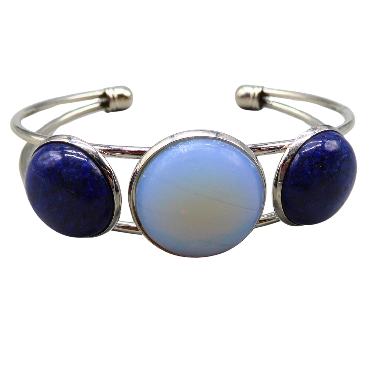 STAINLESS STEEL BANGLE WITH OPALITE AND LAPIS LAZULI.