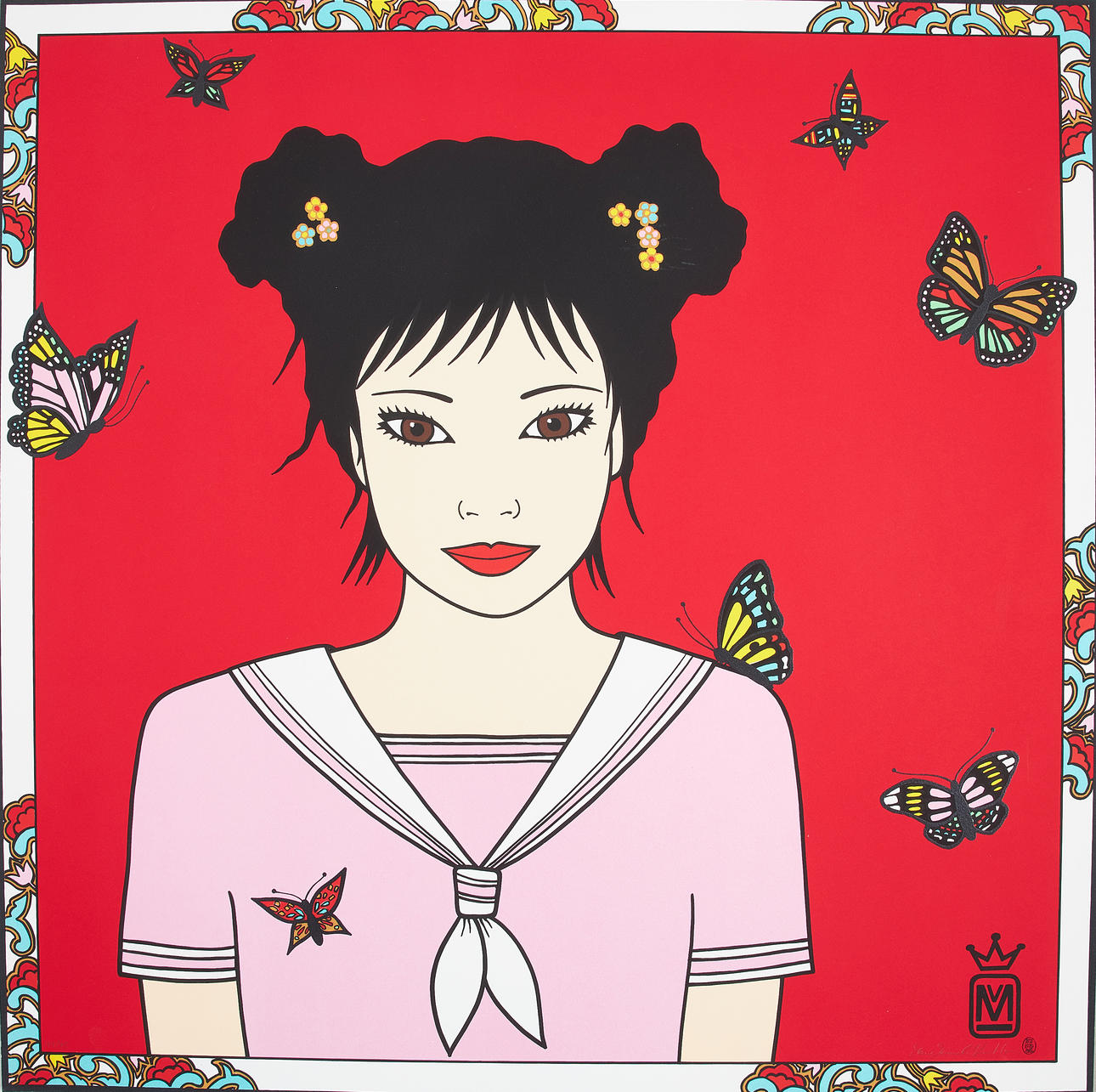 MARIA MANUELA VINTILESCU. Flicka med fjärilar mot rött, screentryck, signerad samt numrerad 49/75.