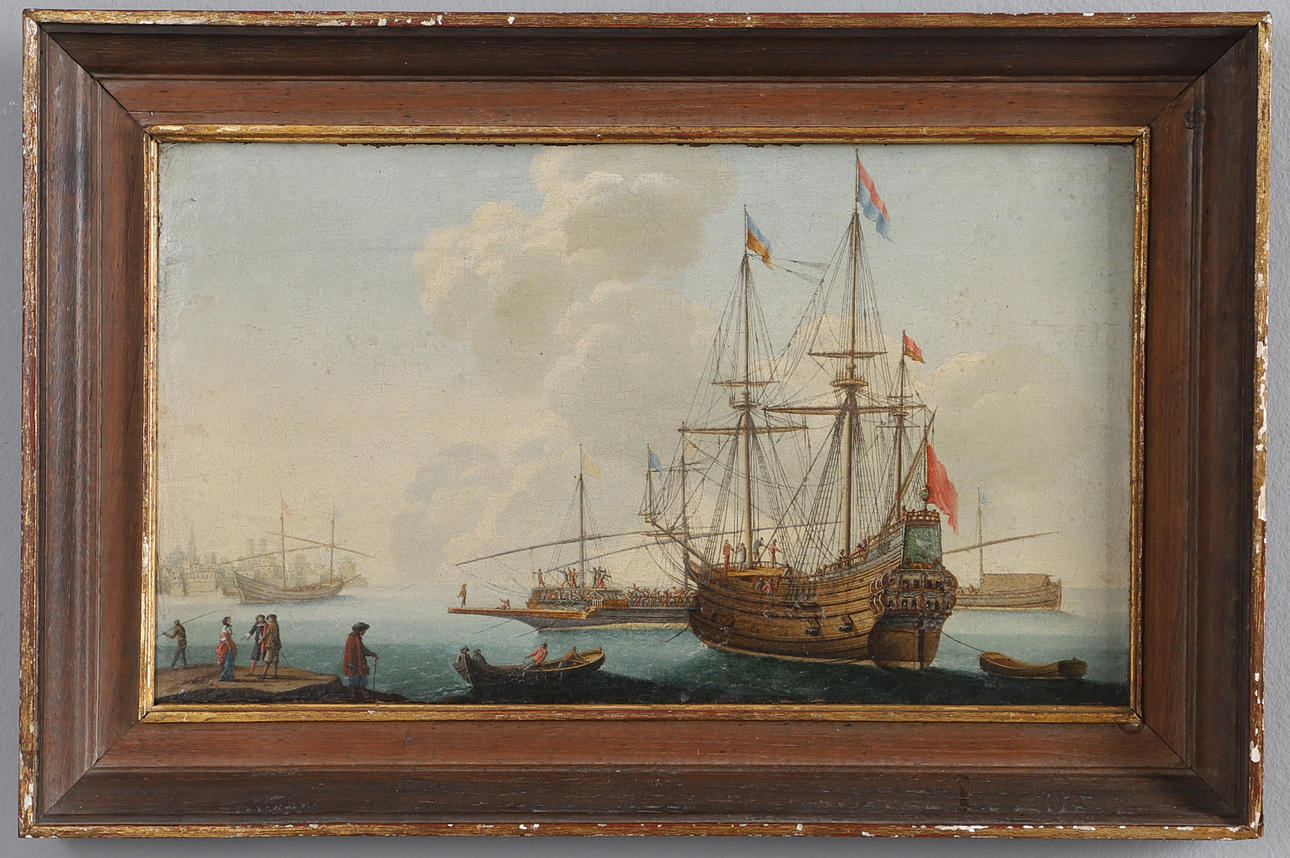 ATTRIBUTED TO HENDRIK FRANS VAN LINT (1684-1763). DUTCH GALLEON WITH OTHER SHIPPING AND FIGURES OFF A COASTAL TOWN.