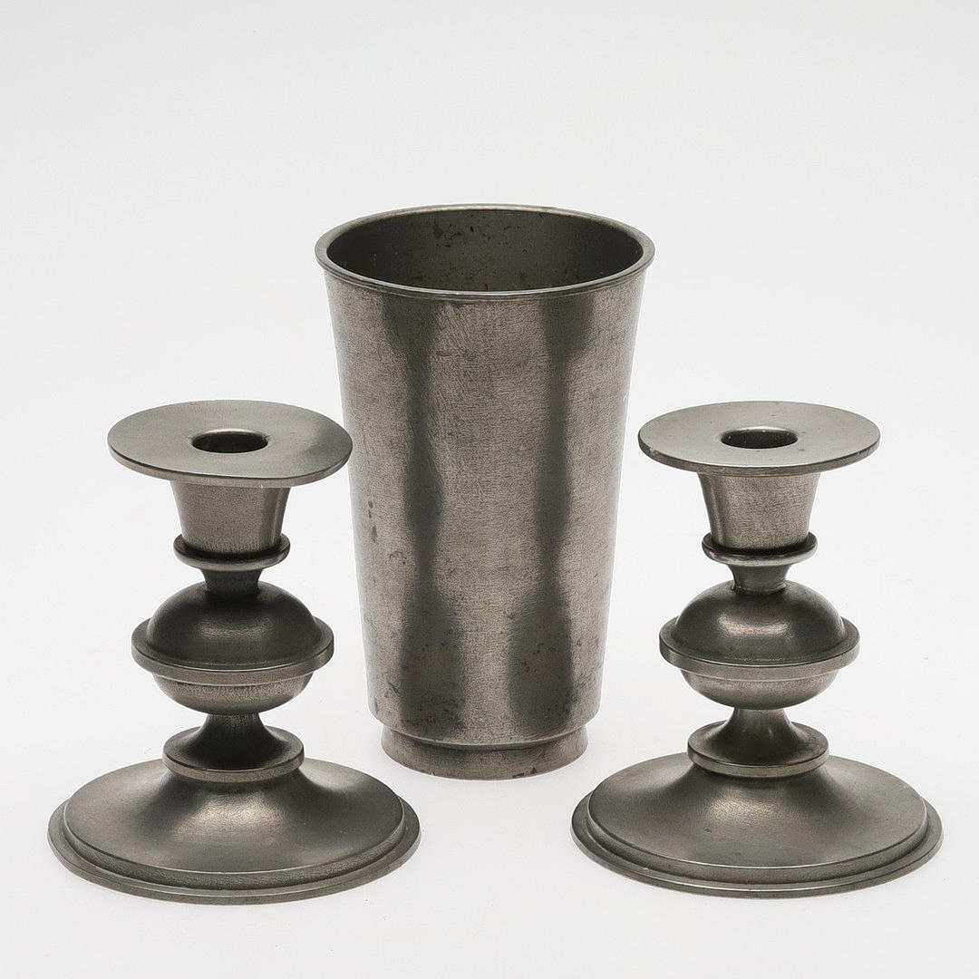 EDVIN OLLERS. Tin Candlesticks & Trophy.