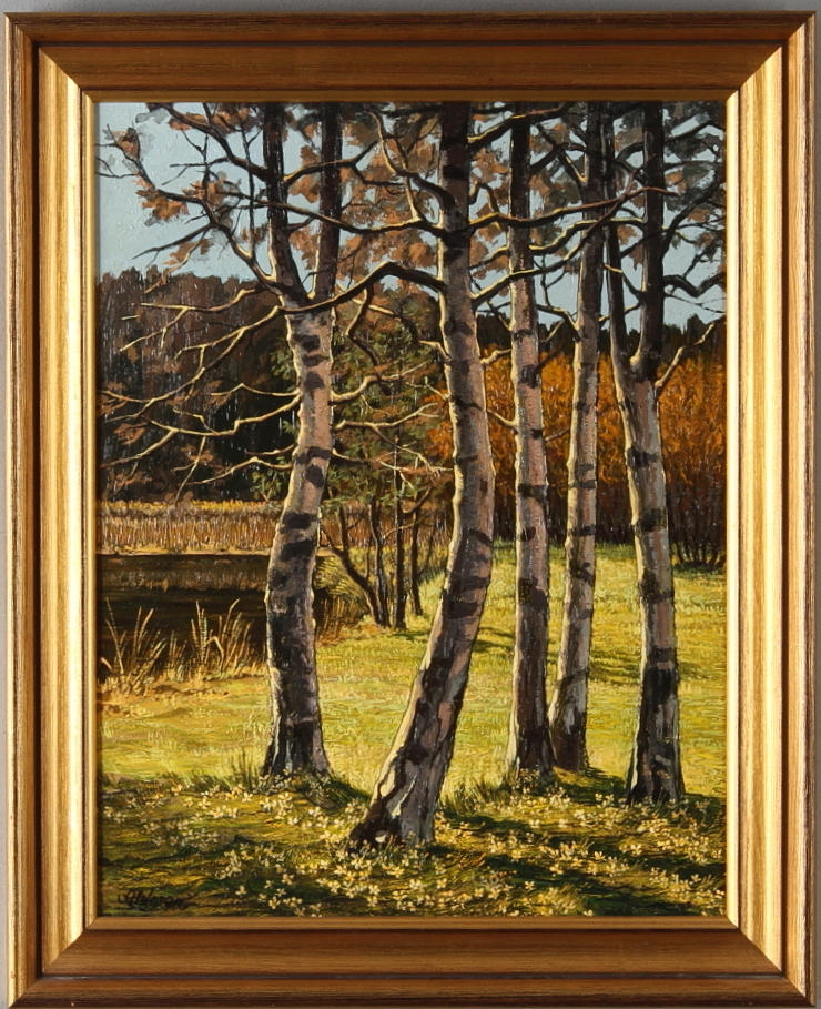 SVEN AHLGREN. Landskap med träd, olja på pannå, signerad.