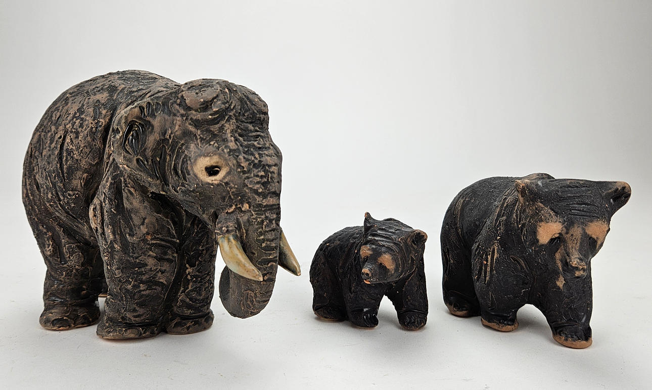 THREE CERAMIC FIGURINES, bears and elephant, Tilgmans ceramics, signed.