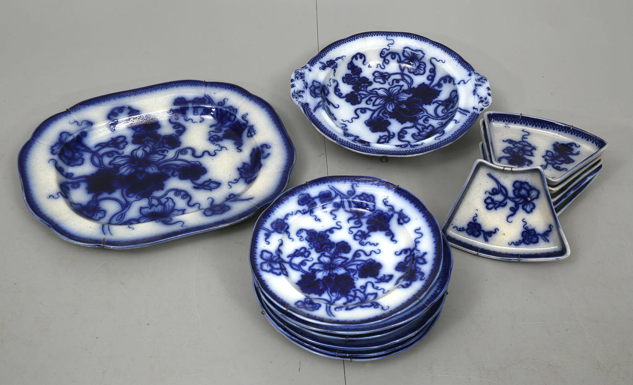 SERVISDELAR, porslin, 14 stycken, Flytande Blått, Gustavsberg.