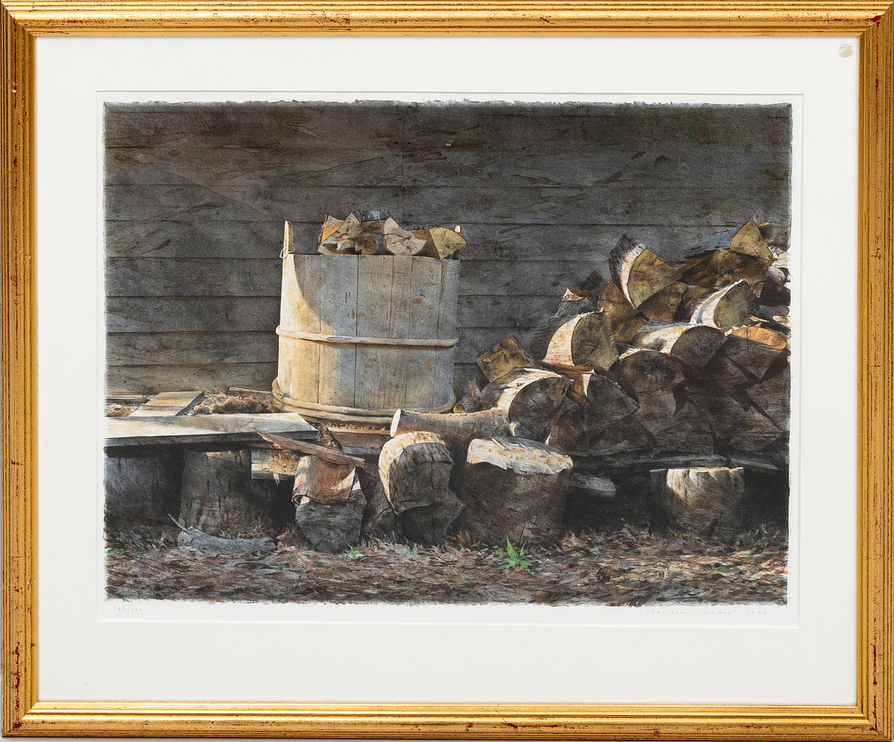 STANISLAW ZOLADZ. Bucket and firewood, lithograph in colours