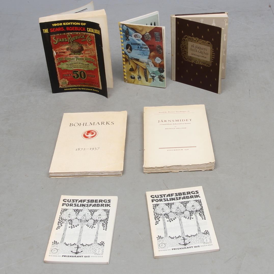 PARTI BÖCKER och HÄFTEN, 7 st, bland annat Arvid Böhlmarks Lampfabrik 1872-1937 Erik Andrén 1937, Järnsmidet i vasatidens dekorativa konst Brynolf Hellner 1948.