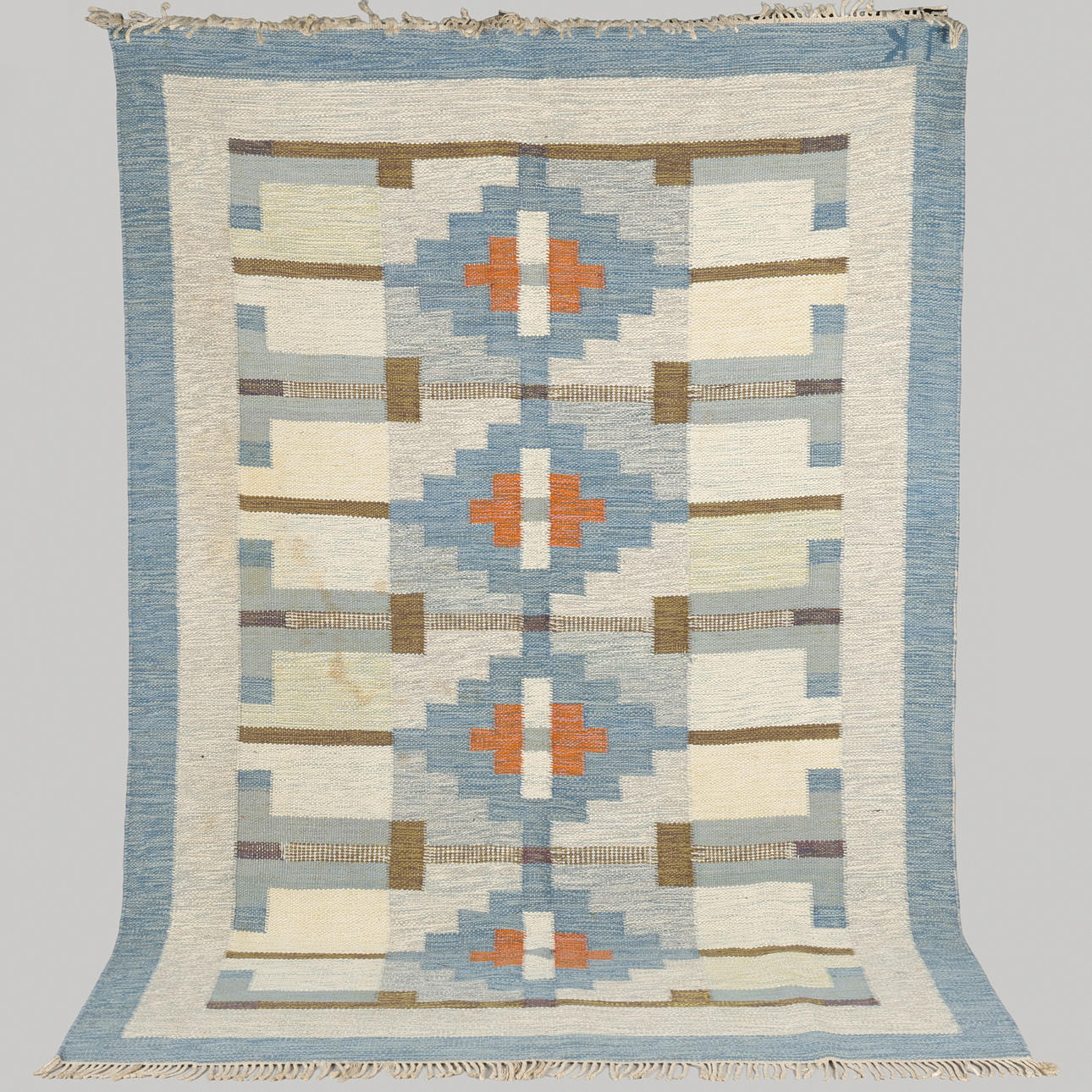 KARIN JÖNSSON. Vävd röllakan matta av ull, signerad, Sverige, 1900-talets andra hälft.