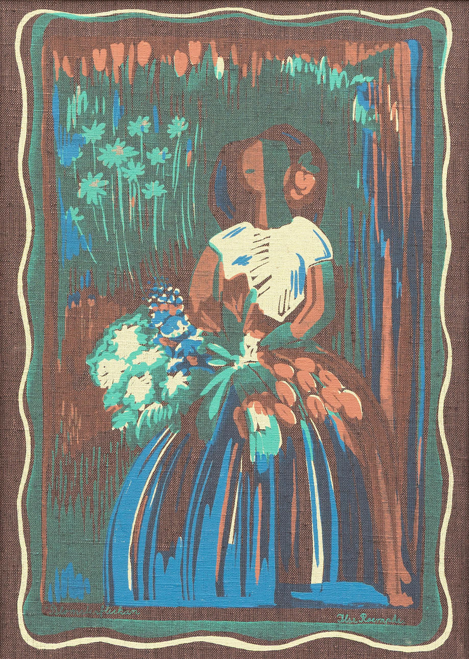 ILSE CLAESSON. 'Flower Girl', textile print, signed.