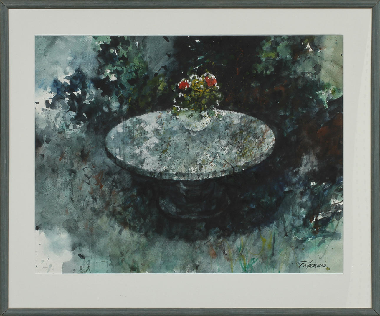 PER-OLOF NETTERBLAD. Stilleben med krukväxt på bord. Akvarell, signerad.