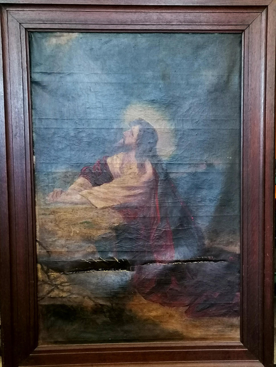 *ANTIQUE PAINTING DEPICTING JESUS CHRIST IN SOLID OAK FRAME.