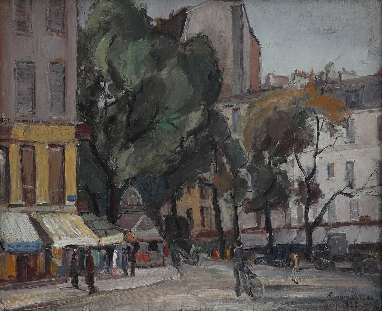 ANDERS OLSON. “STREET IN PARIS”, OIL ON PANEL, SIGNED AND DATED 1928.