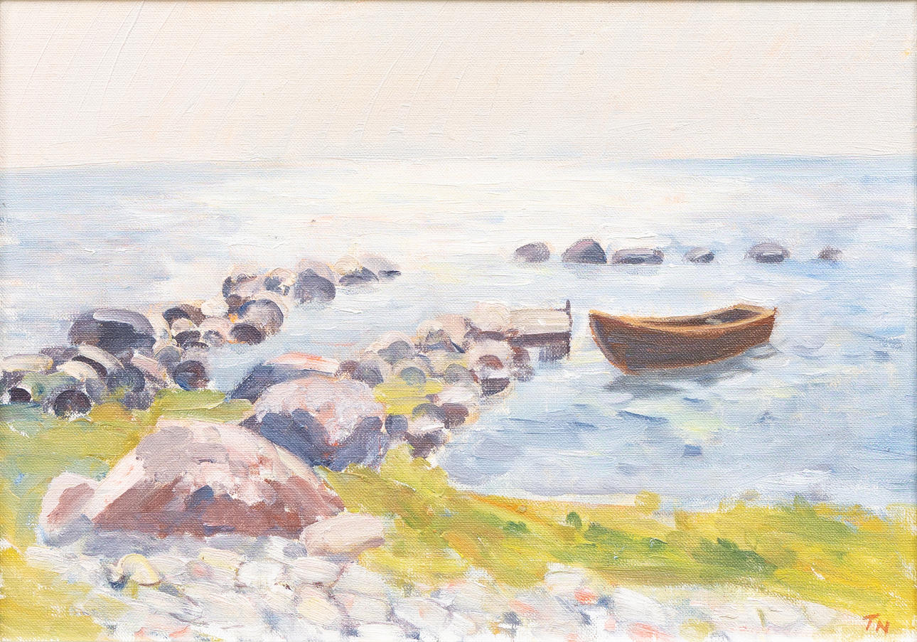 TAGE NILSSON. “Morgonlys Stenbo, Öland 1987", oil on panel, signed TN.