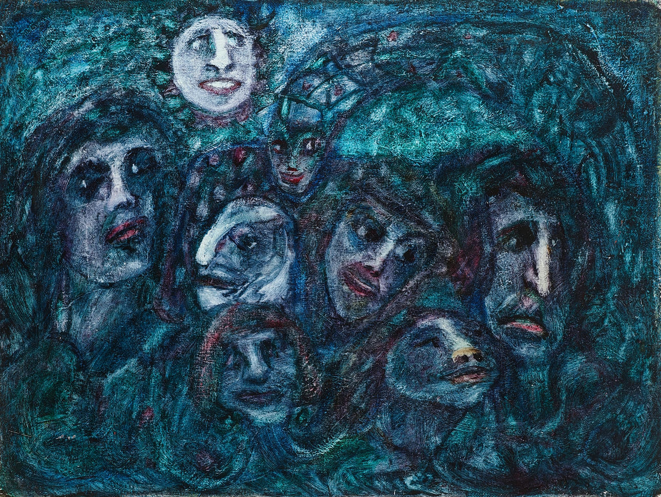 INGER MARIE NIELSEN. Composition with faces, oil on canvas, signed on back and dated 1957-58.