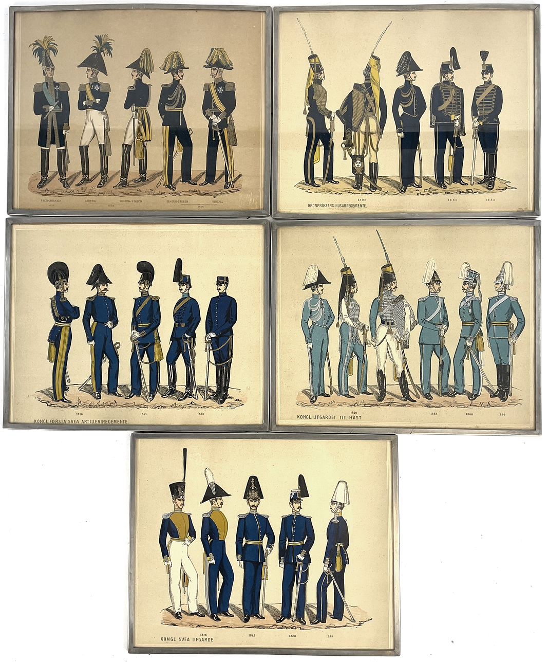 UNIFORM PLATES, 5 pcs. Hand-coloured prints, framed.