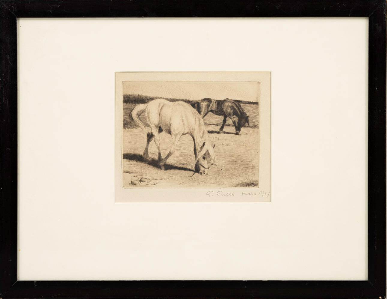 GRETA GERELL. Horses, etching, signed G. Gerell and dated March 1917.