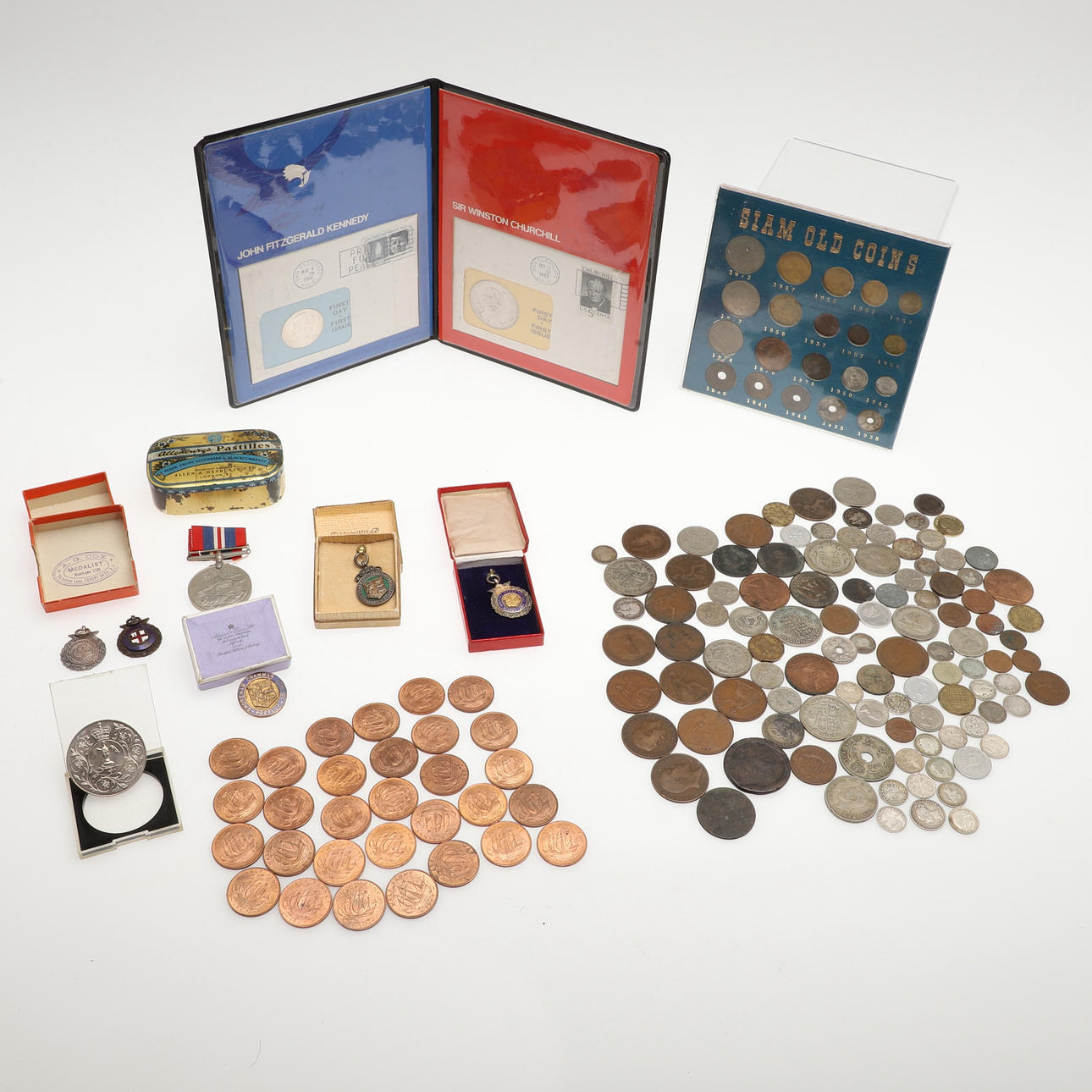 A MIXED COLLECTION OF PREDECIMAL COINS AND OTHER ITEMS. Coins, Medals ...