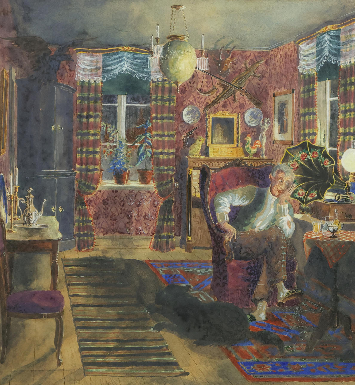 OKÄND KONSTNÄR. Mixed media, interior, on paper.