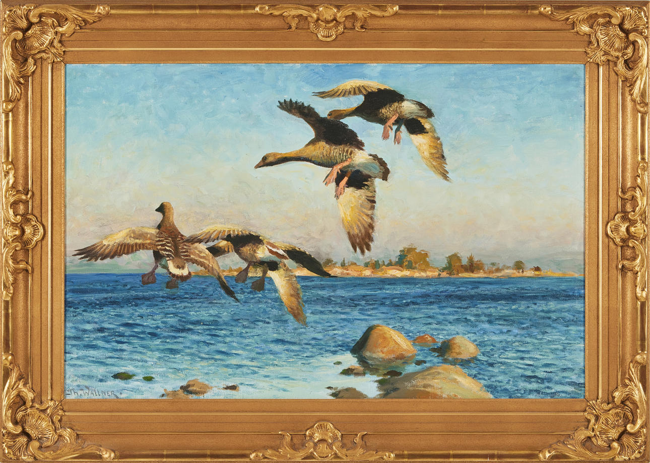 THURE WALLNER. Stretching geese, oil on canvas, signed Th Wallner.