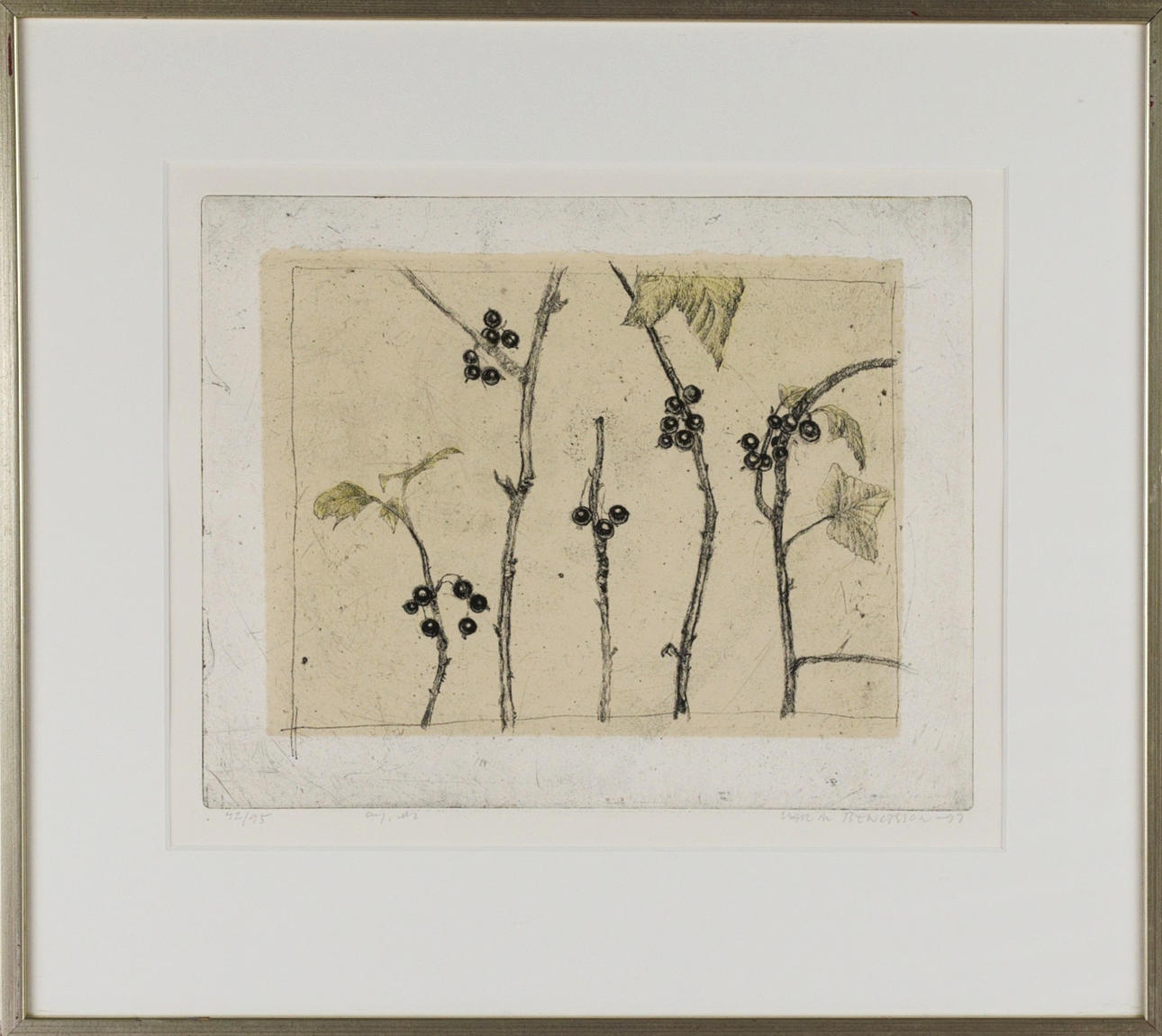 KARIN BENGTSSON. Etsning, vinbärsgrenar, signerad,-99.