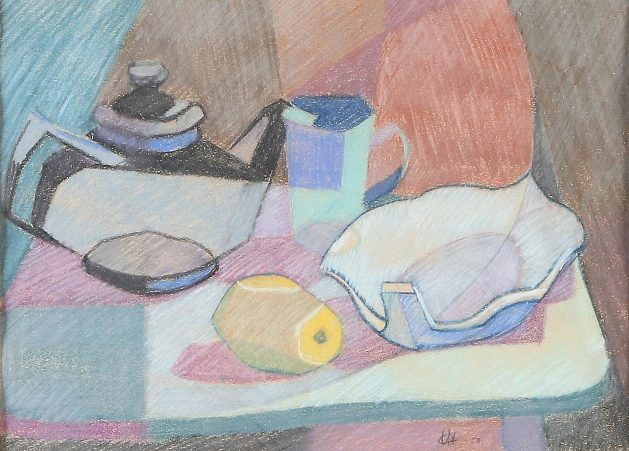 OIDENTIFIERAD KONSTNÄR. Pastel on paper, indistinctly signed, possibly C.W. Dated -50. Still life with pitcher and fruit.