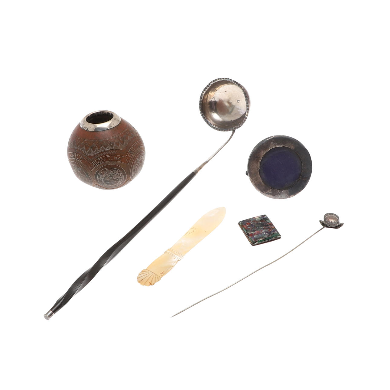 ANTIQUE SILVER TODDY LADLE & OTHER ITEMS.