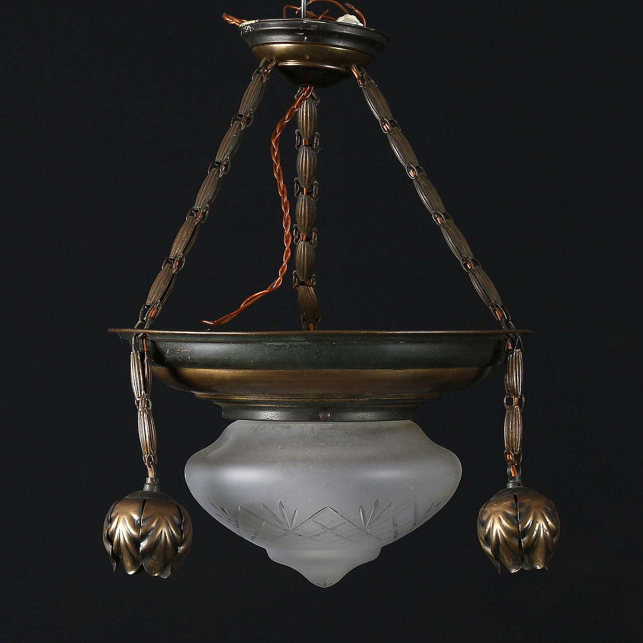 TAKLAMPA, koppar och glas, jugend, omkring år 1900.