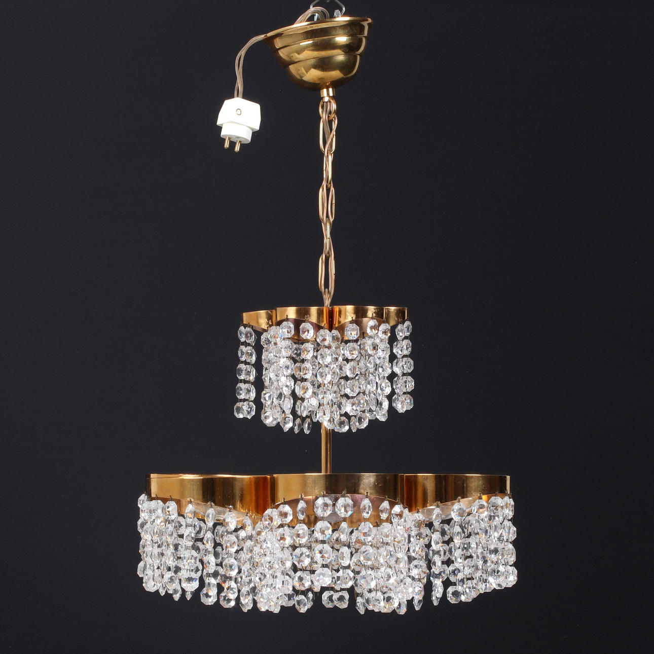CEILING LAMP, brass, glass prisms. 20th century.