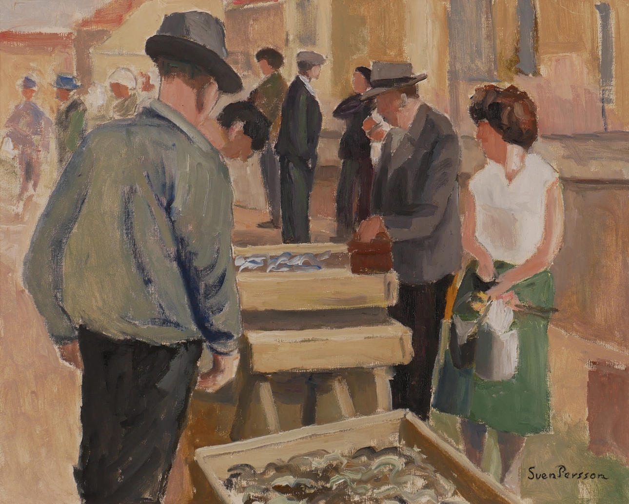 SVEN PERSSON. "Fisktorget, Karlshamn", olja på duk, signerad Sven Persson.