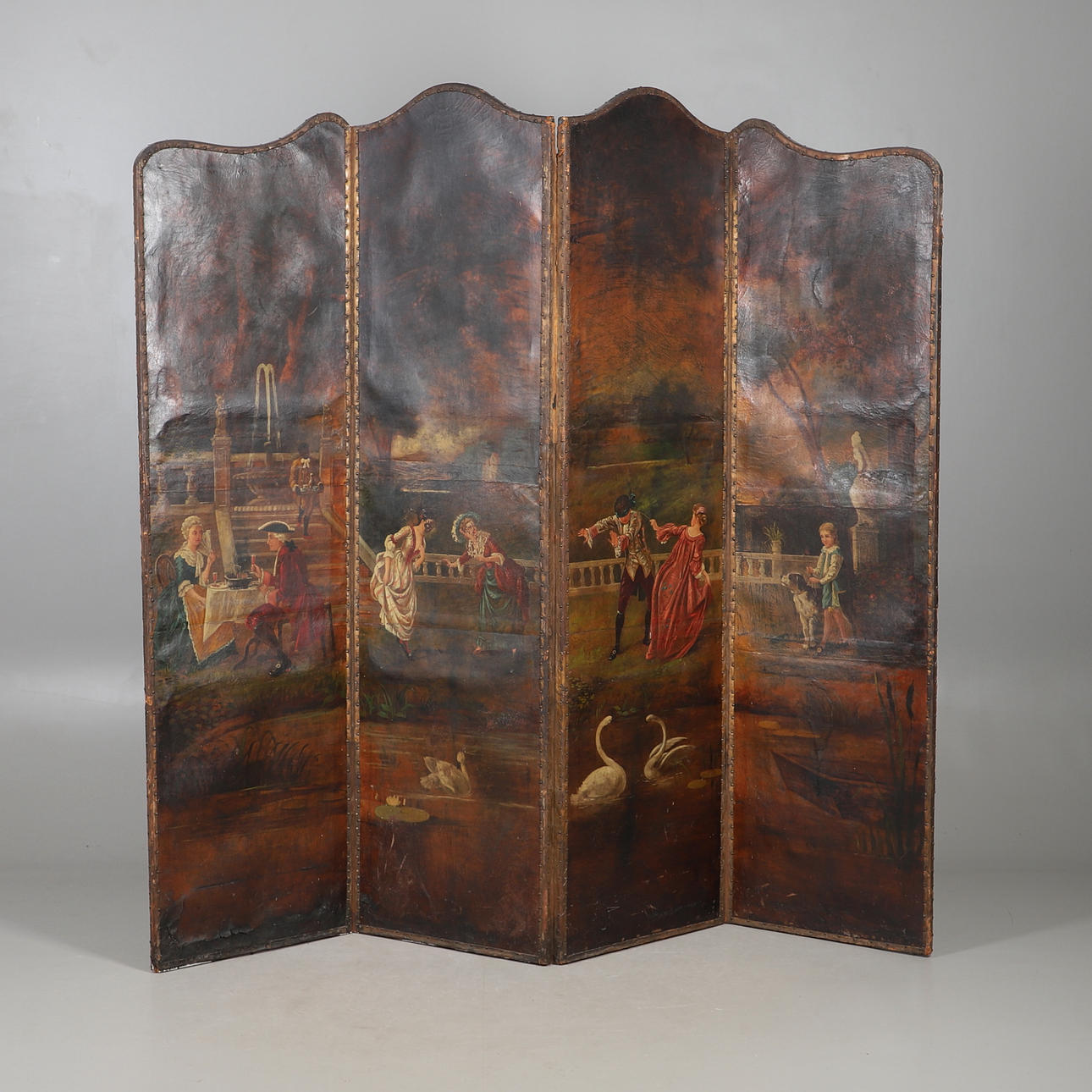 A 19TH CENTURY PAINTED FOUR FOLD DRAUGHT SCREEN.