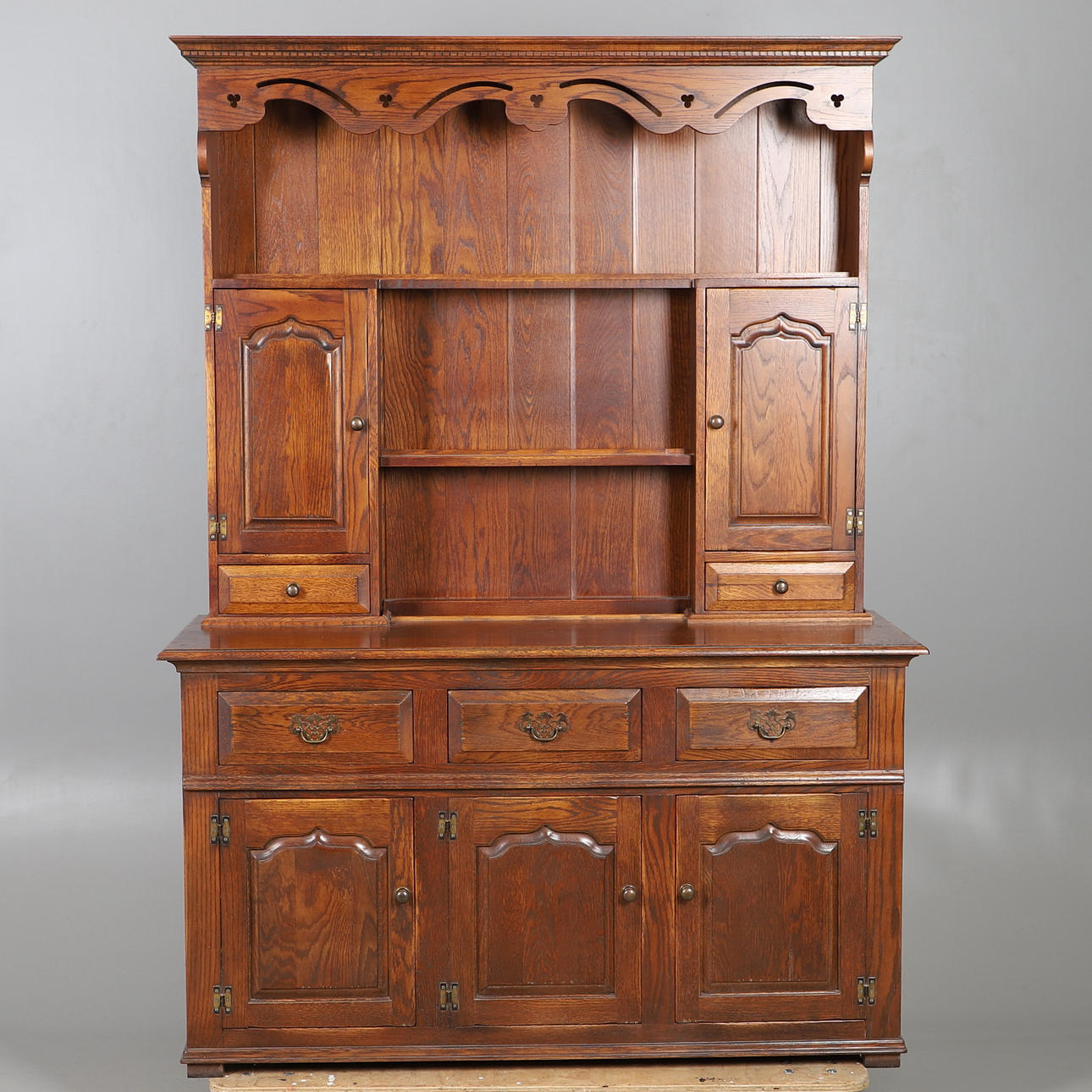 A MULTIYORK OAK KITCHEN DRESSER.