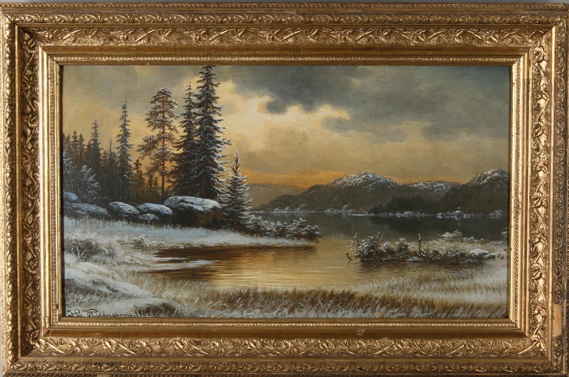 J. L. RIDDERSPORRE. TILLSKRIVEN. Landskap, olja på pannå, 1907.