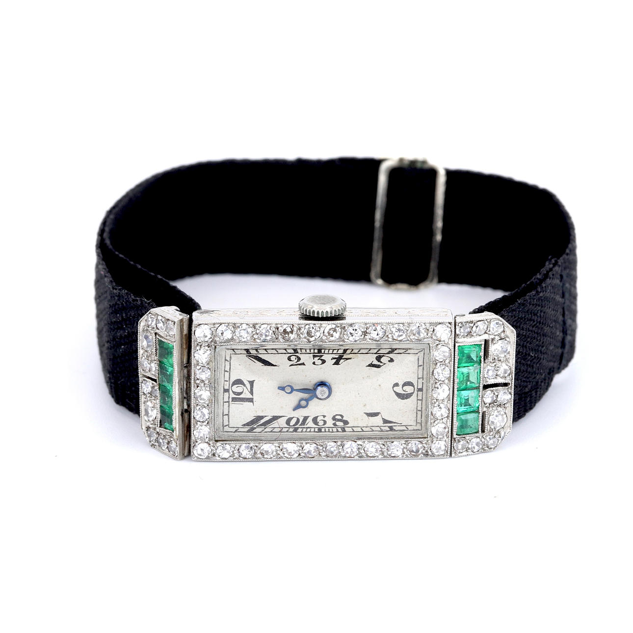 ART DECO PLATINUM DIAMOND AND EMERALD WATCH.