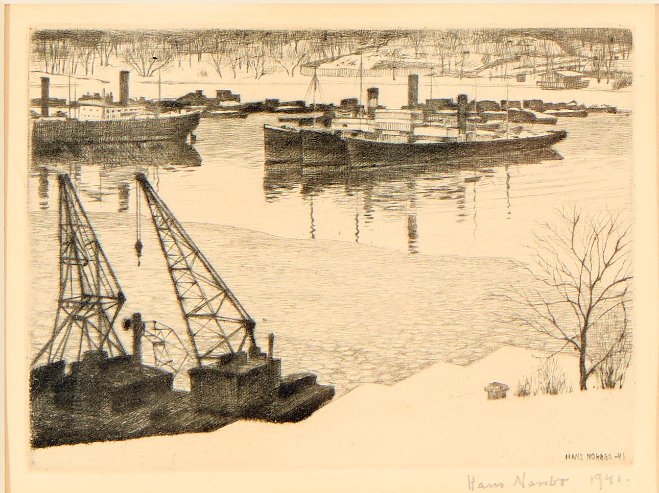 HANS JOHANSON NORSBO. "Båtar och kranar", 1941.