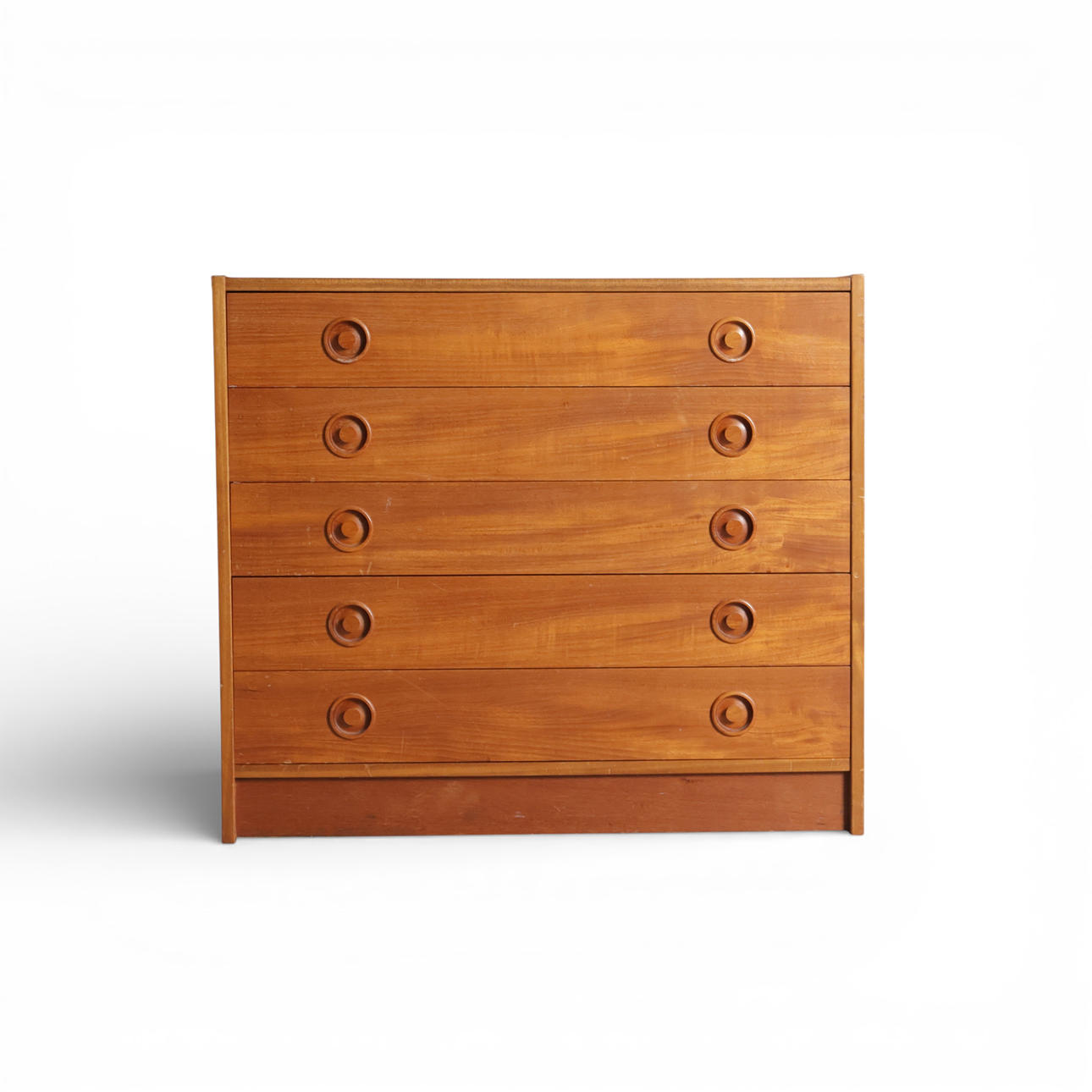 Teak chest of drawers, front with five drawers with round handles ...