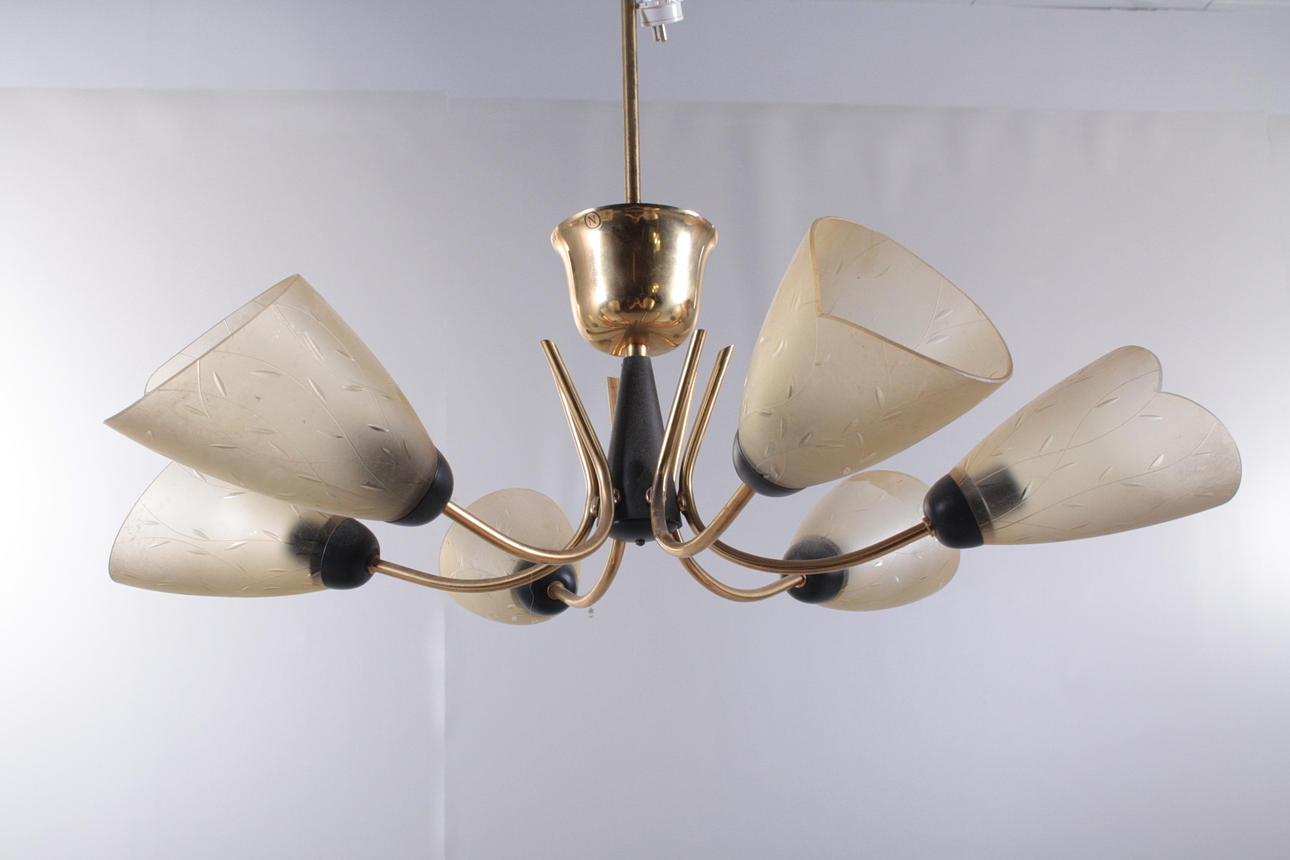 TAKLAMPA, 6 armar, glas och metall, 1960/70-tal.