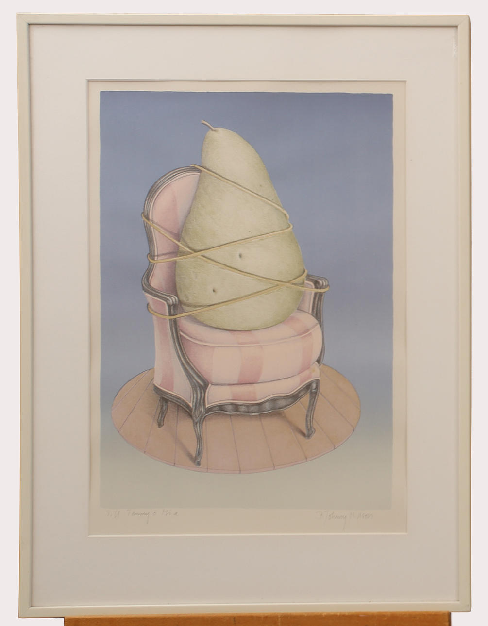 BERT-JOHNNY NILSSON. Color lithograph, composition pear on chair, signed, dedicated.