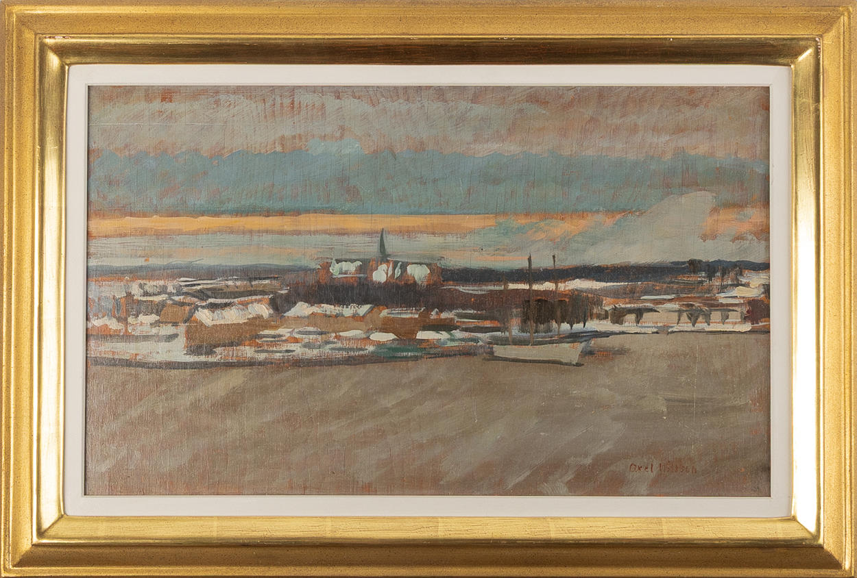 AXEL NILSSON. "Skeppsholmslandet vinter", olja på pannå, daterad signerad och daterad -39.
