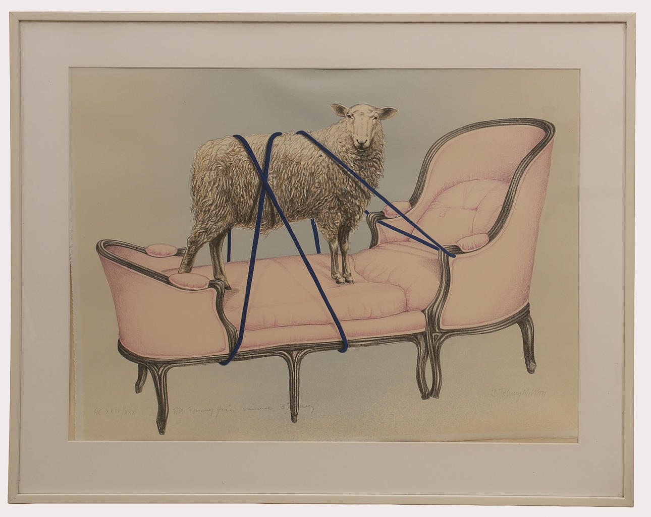 BERT-JOHNNY NILSSON. Color lithograph, composition lamb on chaise longue, signed, dedicated, numbered.