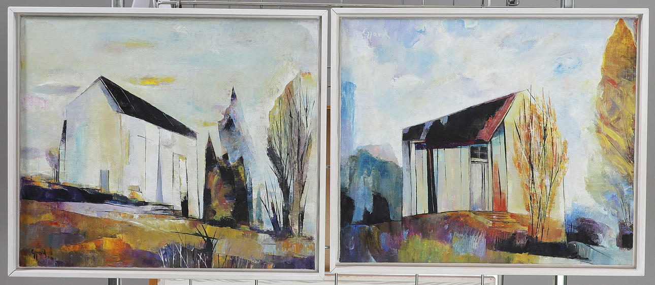 EZZARD KEYMER. Buildings, 2 oils on canvas, signed.