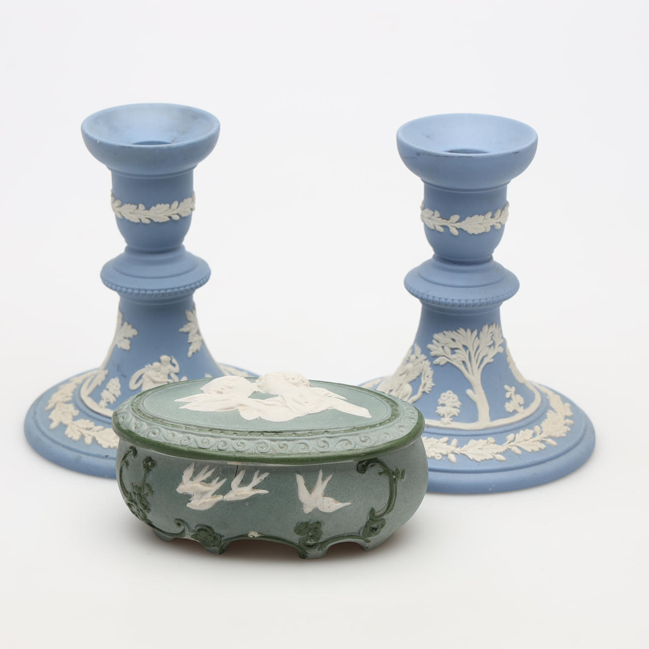 CANDLESTICKS and LOCKBOX, including Wedgwood, England.