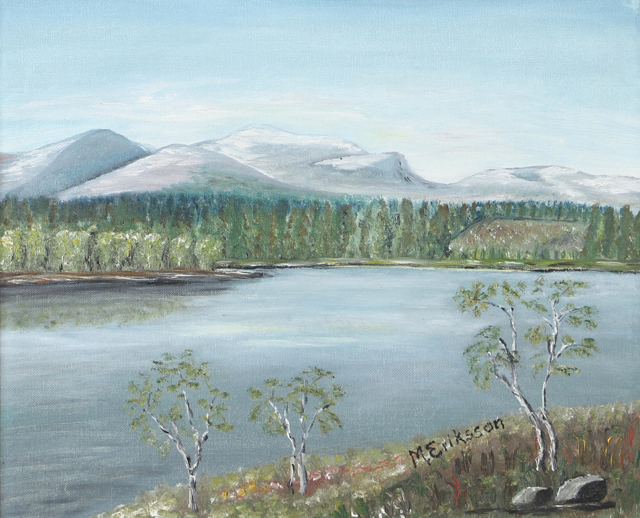 OIDENTIFIERAD KONSTNÄR. Mountain landscape, oil on panel, signed M. Eriksson.