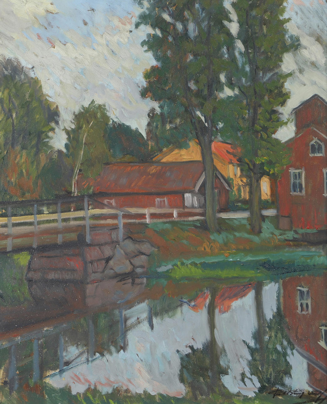 OIDENTIFIERAD KONSTNÄR. Bridge over river, oil on panel, indistinctly signed.