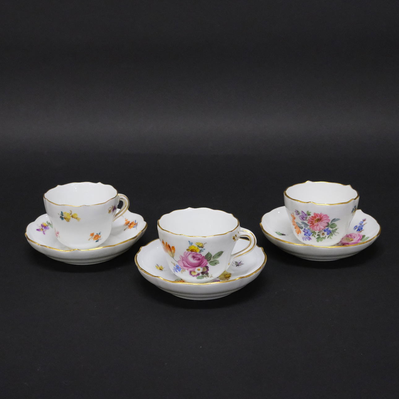 THREE CUPS WITH SAUCERS, MESSIEN.