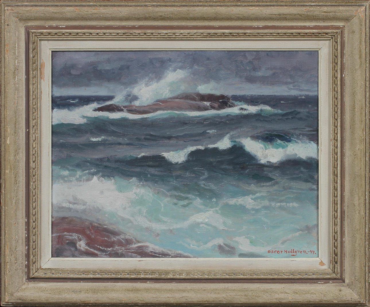 OSCAR HULLGREN. "Sjön bryter i Bohuslän", olja på pannå, signerad och daterad -44.