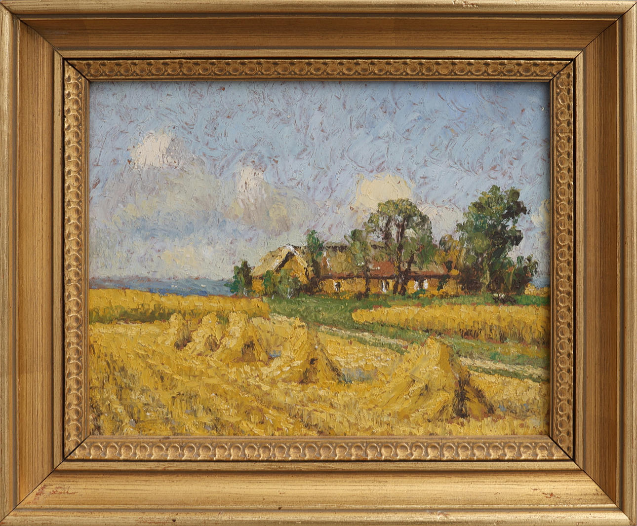 OIDENTIFIERAD KONSTNÄR. OIL ON PANEL, HOUSES ALONG FIELDS.