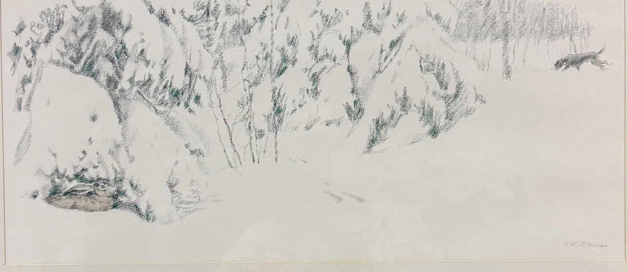 ERIK OSKAR STÖVLING. Drawing, winter hare hunt, signed.
