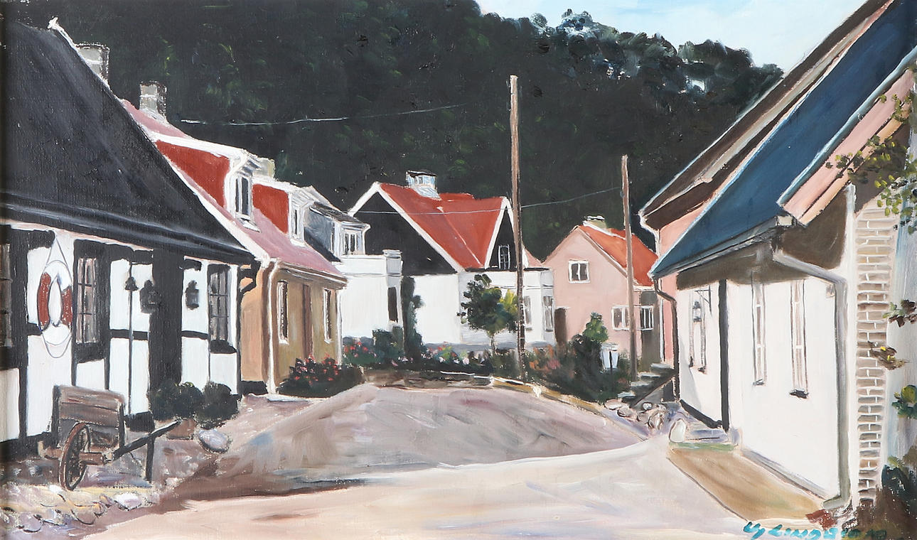 HJALMAR LINDBLOM. Oljemålning på duk. "Ålabodarna". Signerad.