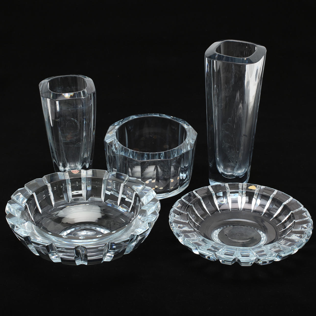 VASER, SKÅLAR, 5 st, slipat glas, Orrefors, Strömbergshyttan.