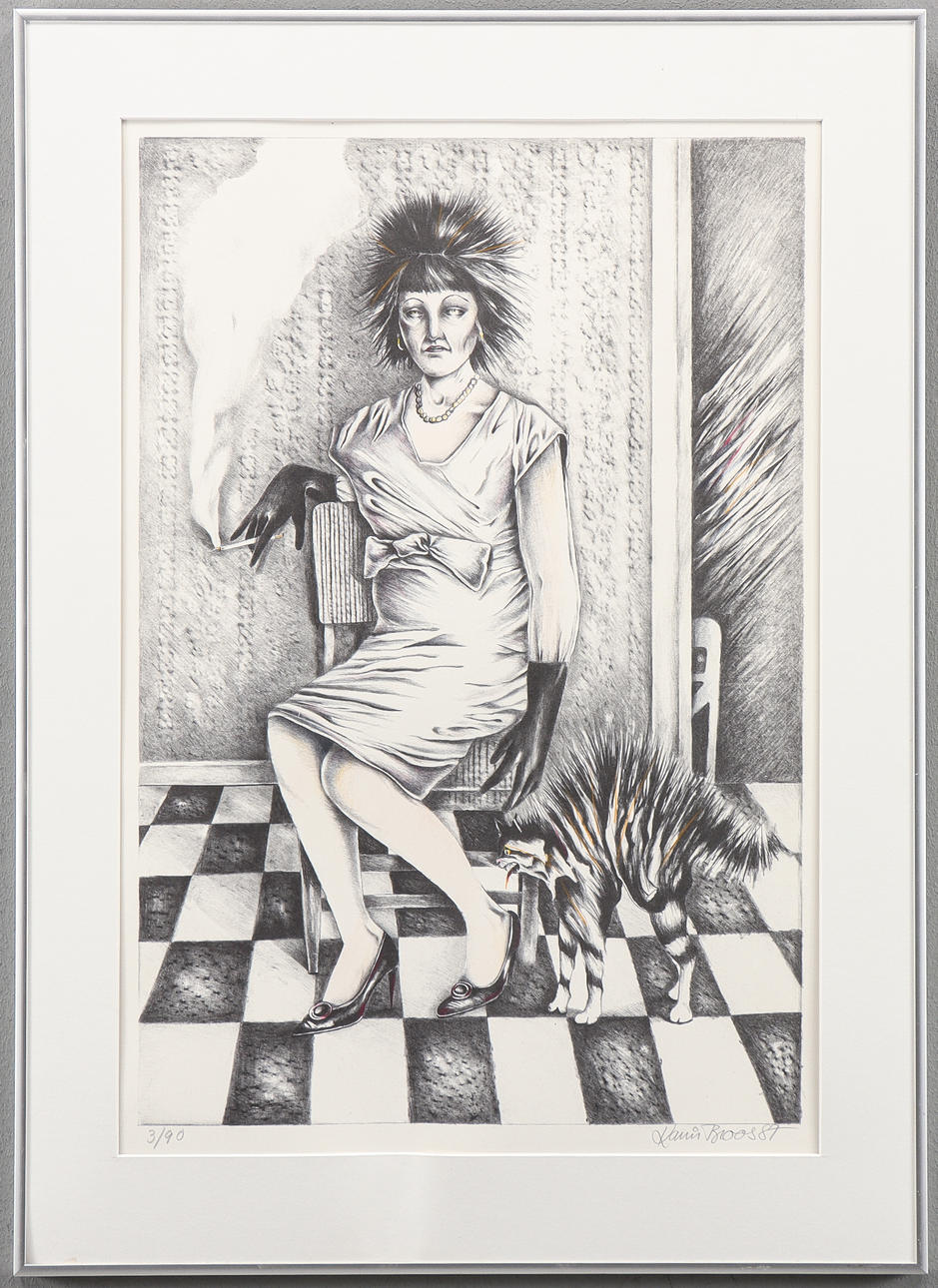 KARIN  BROOS. Rökande kvinna och katt.