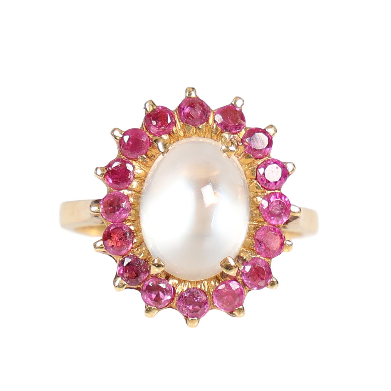 MOONSTONE & RUBY CLUSTER RING.