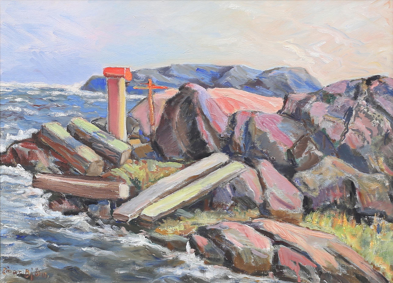 EINAR BJÖRN. Coastal view with cliffs, oil on canvas, signed.